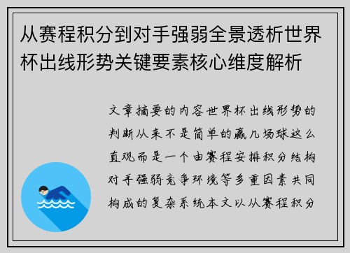 从赛程积分到对手强弱全景透析世界杯出线形势关键要素核心维度解析